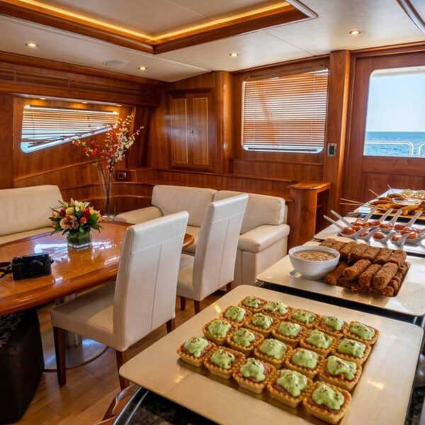 Yacht salon spread of avocado tartlets, breaded shrimp and skewers laid out for catering with the sea outside.