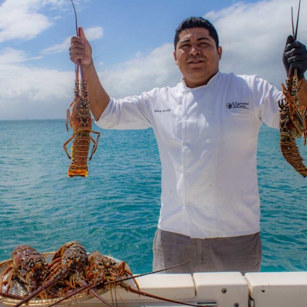 Private chef holding two fresh Caribbean lobsters above the blue sea, more lobster waiting on the boat rail.
