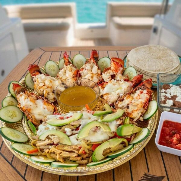Seafood platter of grilled lobster tails and chicken fajitas with avocado, cucumber and tortillas on a yacht deck.