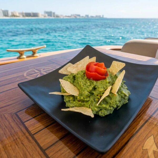 Plate of fresh guacamole topped with a tomato rose and tortilla chips on a teak deck overlooking Cancun.