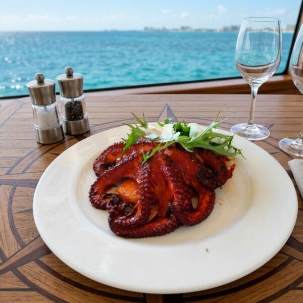 Plate of grilled octopus with fresh arugula served on a yacht table with wine glasses and the sea behind.